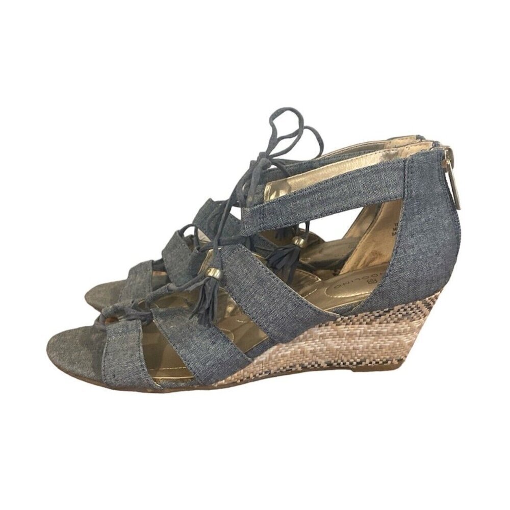 Bandolino Denim Lace Up Wedge Sandal Size 6.5 Blue Heels Open Toe Sandals